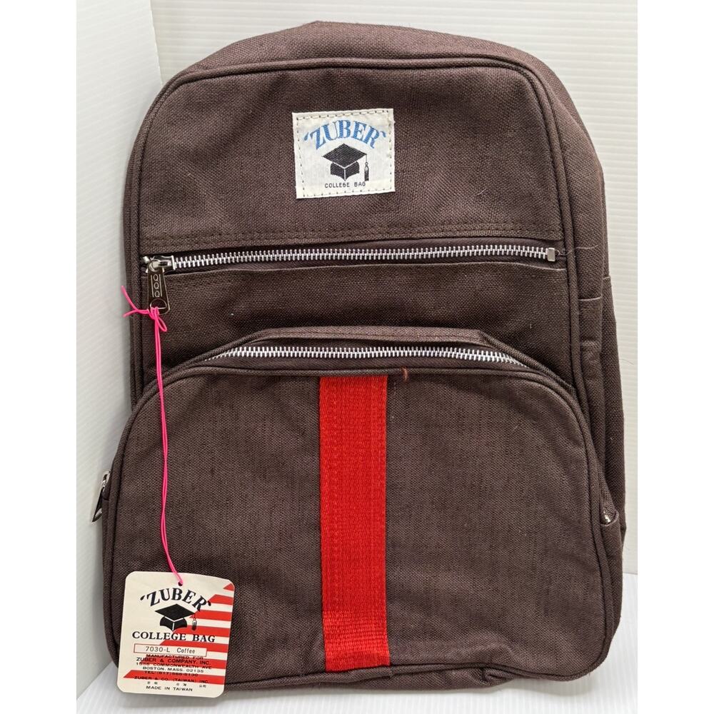 Vintage New With Tags Zuber College Bag Backpack 14” By 11” Brown & Red Straps